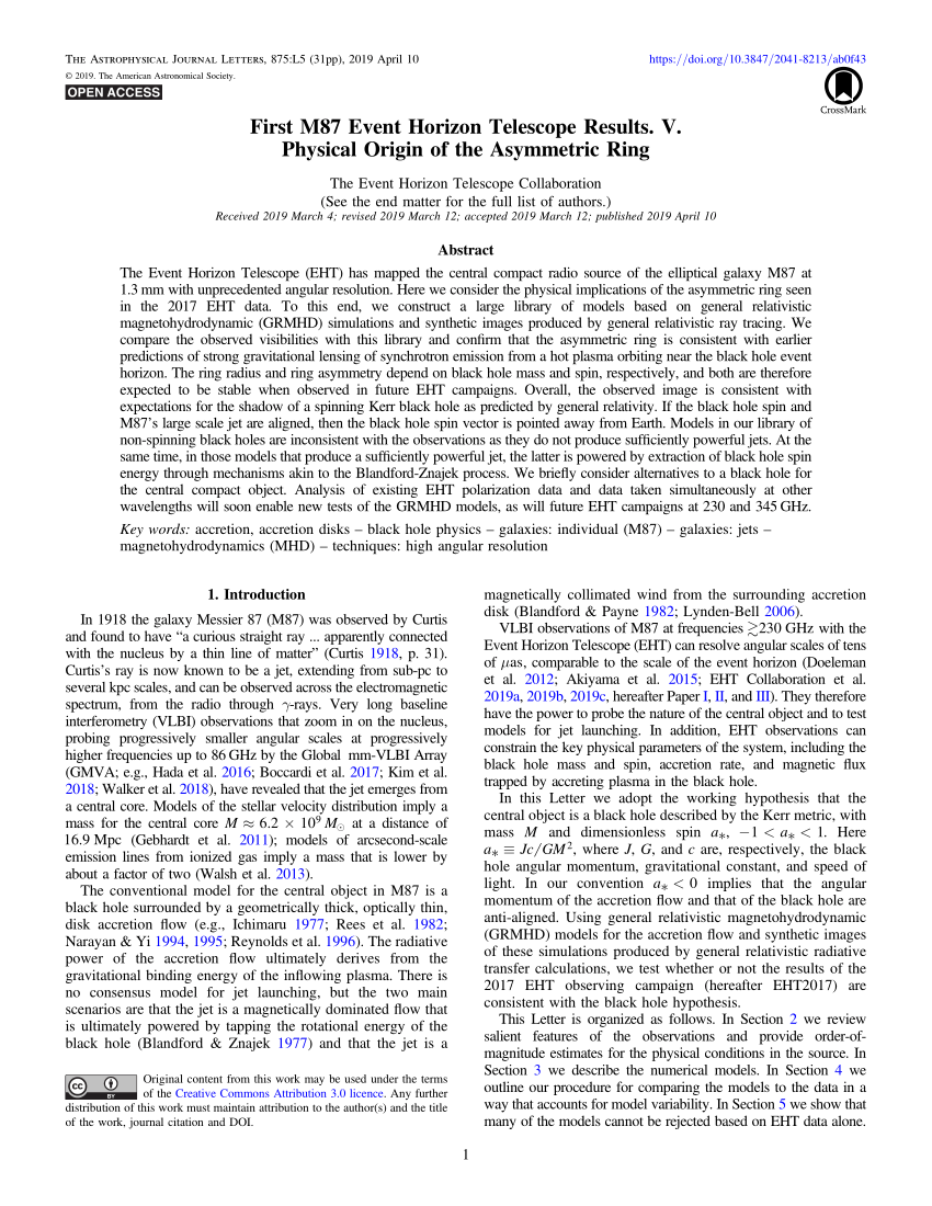 Pdf First M87 Event Horizon Telescope Results V Physical Origin Of The Asymmetric Ring
