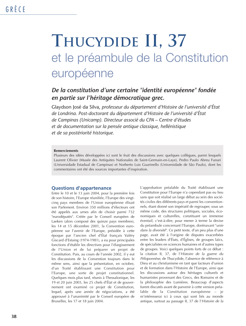 Pdf Thucydide Ii 37 Et Le Preambule De La Constitution Europeenne