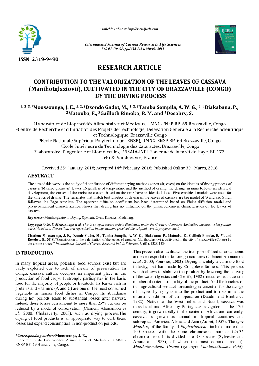 Pdf Contribution To The Valorization Of The Leaves Of Cassava Manihotglaziovii Cultivated In The City Of Brazzaville Congo By The Drying Process