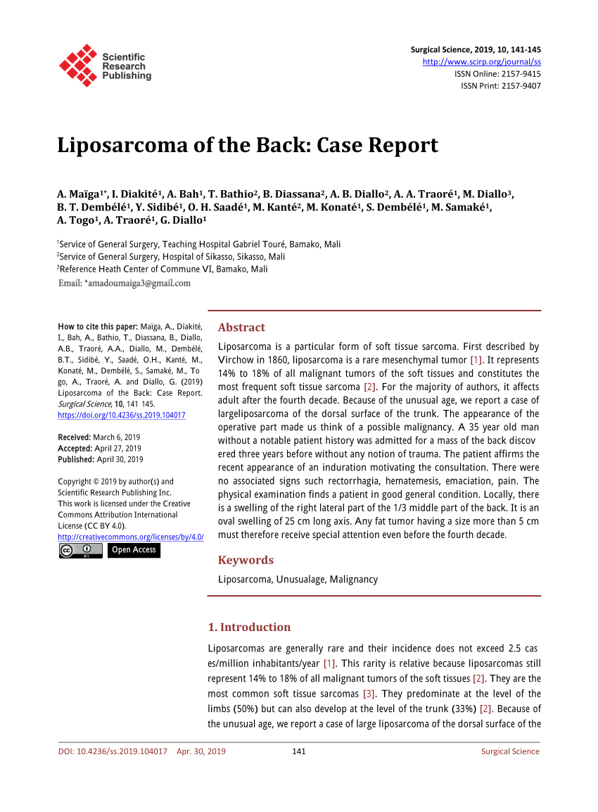 Pdf Liposarcoma Of The Back Case Report