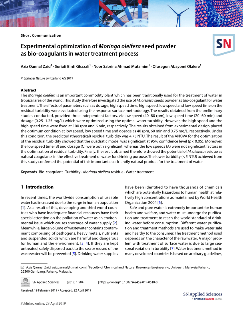 Pdf Experimental Optimization Of Moringa Oleifera Seed Powder As Bio Coagulants In Water Treatment Process