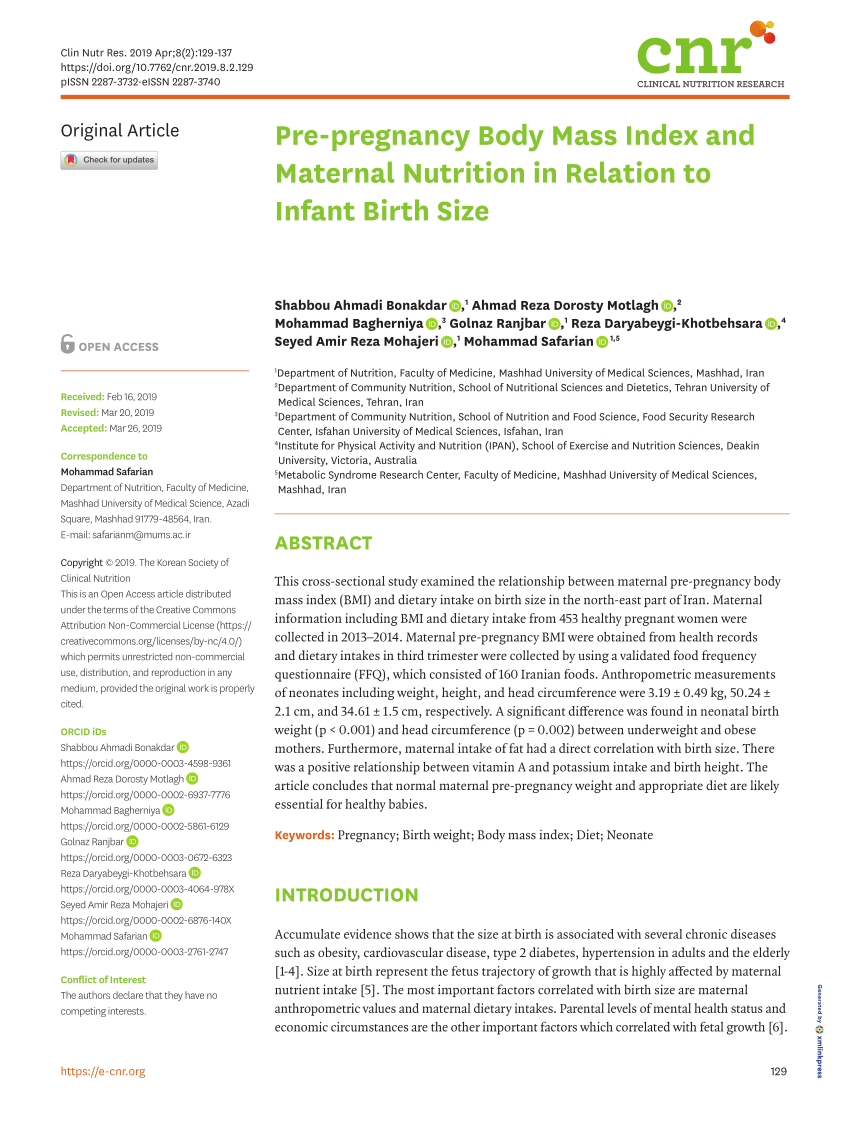 Pdf Pre Pregnancy Body Mass Index And Maternal Nutrition In Relation To Infant Birth Size 8723