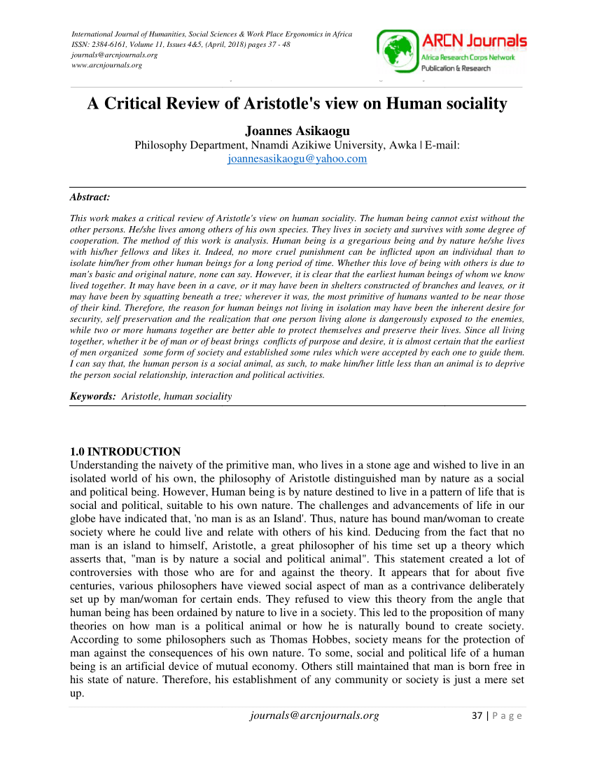 PDF) A Critical Review of Aristotle's view on Human sociality