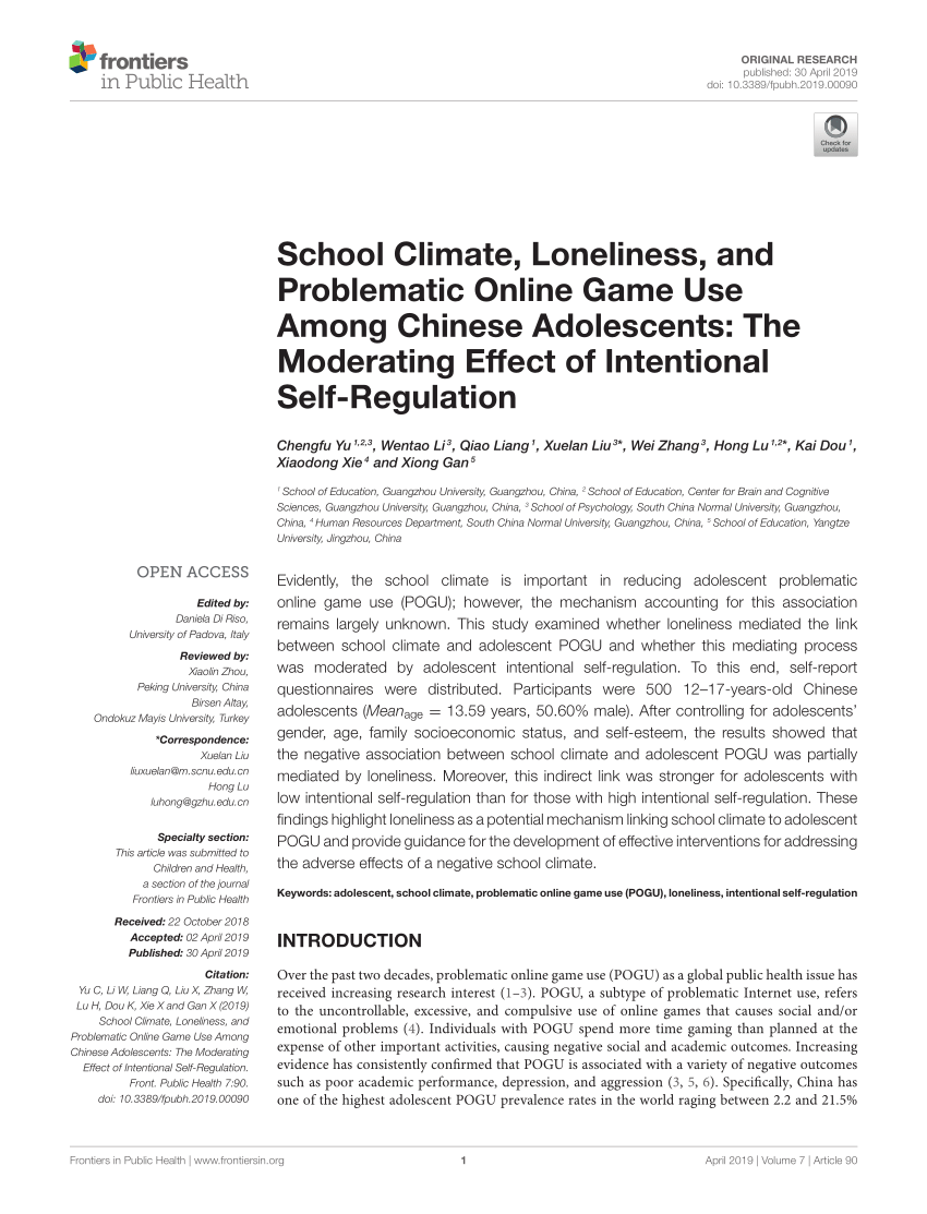 Pdf School Climate Loneliness And Problematic Online Game Use Among Chinese Adolescents The Moderating Effect Of Intentional Self Regulation