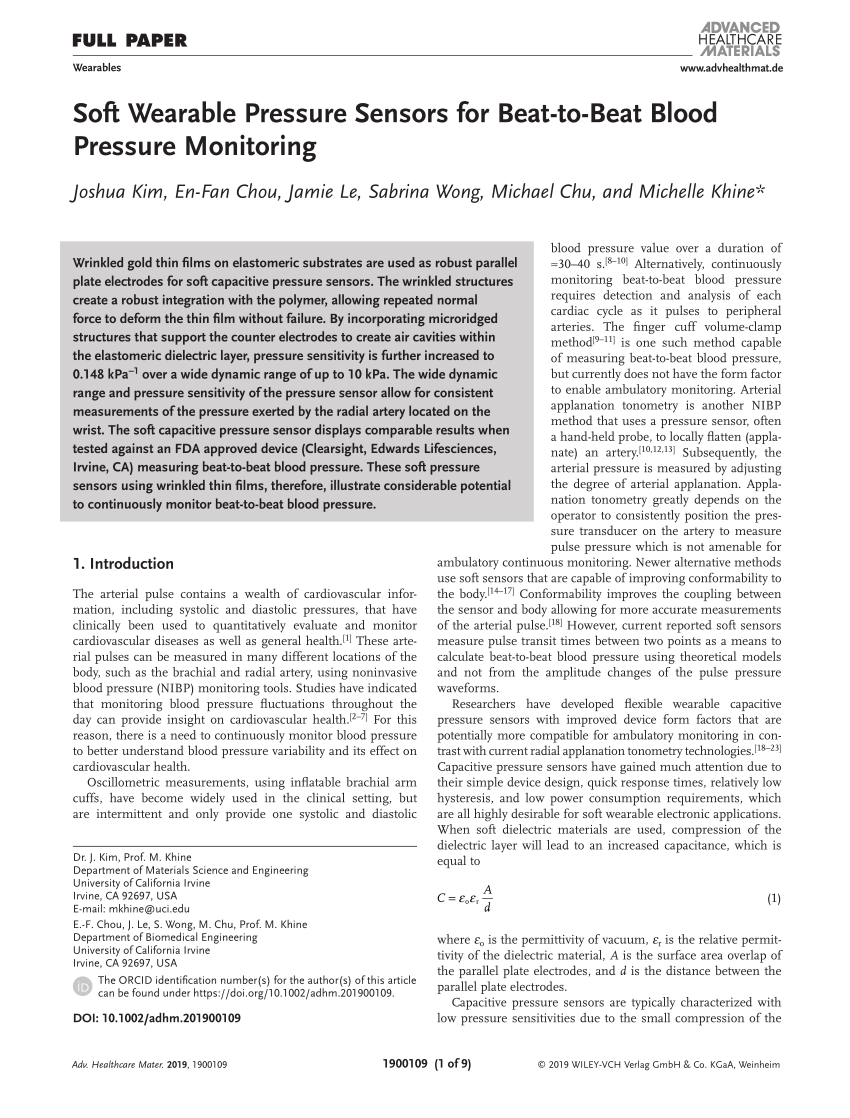 Pdf Soft Wearable Pressure Sensors For Beat To Beat Blood Pressure Monitoring