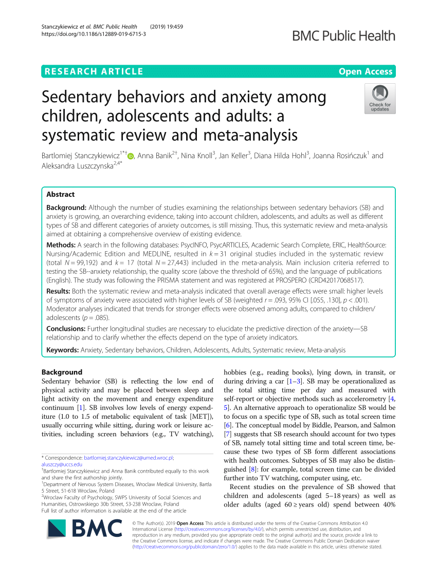 Pdf Sedentary Behaviors And Anxiety Among Children Adolescents