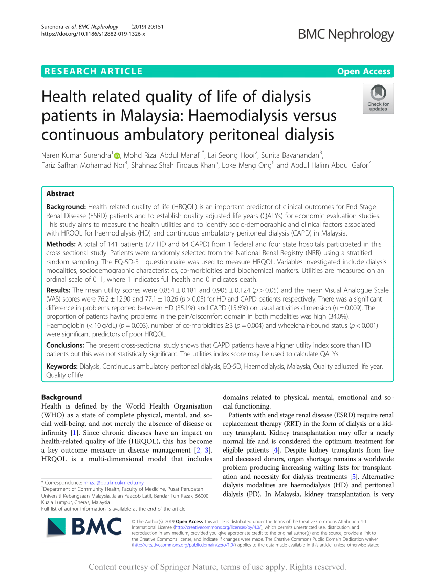 Pdf Health Related Quality Of Life Of Dialysis Patients In Malaysia Haemodialysis Versus Continuous Ambulatory Peritoneal Dialysis