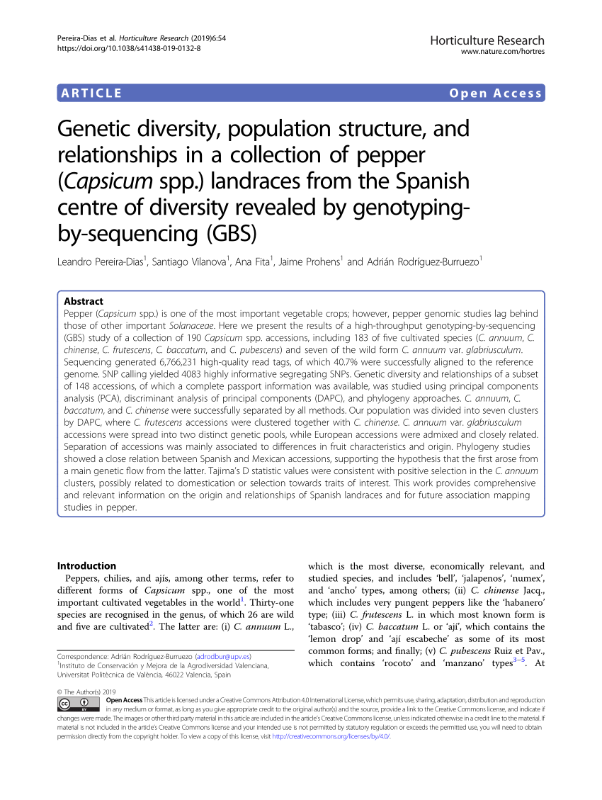 Pdf Genetic Diversity Population Structure And Relationships In A Collection Of Pepper Capsicum Spp Landraces From The Spanish Centre Of Diversity Revealed By Genotyping By Sequencing Gbs