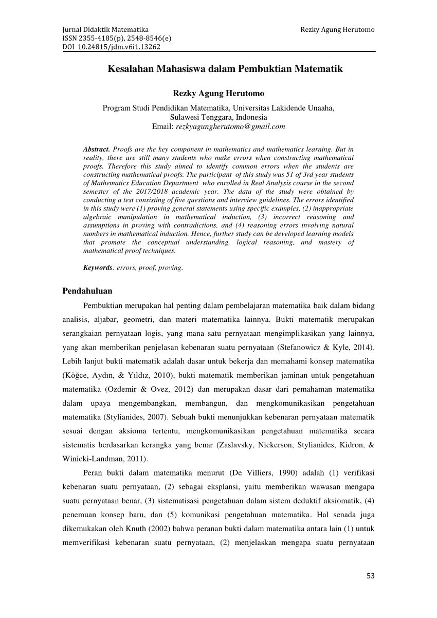 Pdf Kesalahan Mahasiswa Dalam Pembuktian Matematik