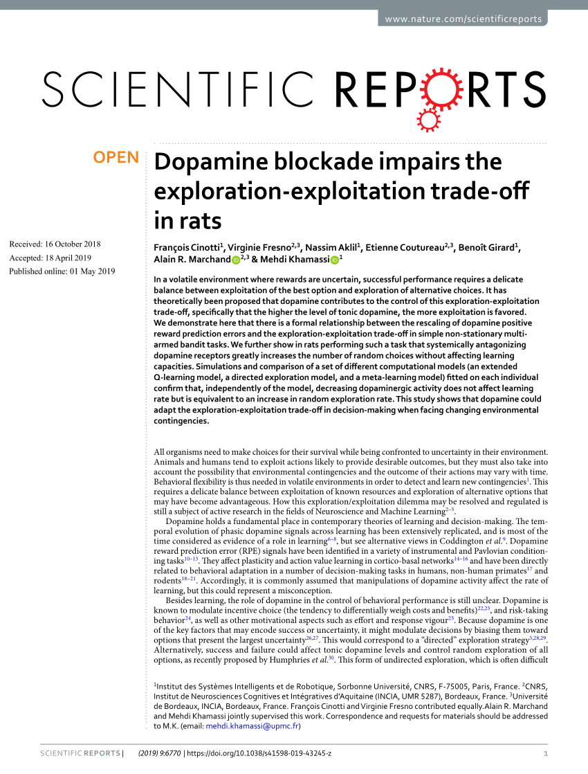 PDF) Dopamine blockade impairs the exploration-exploitation trade-off in  rats