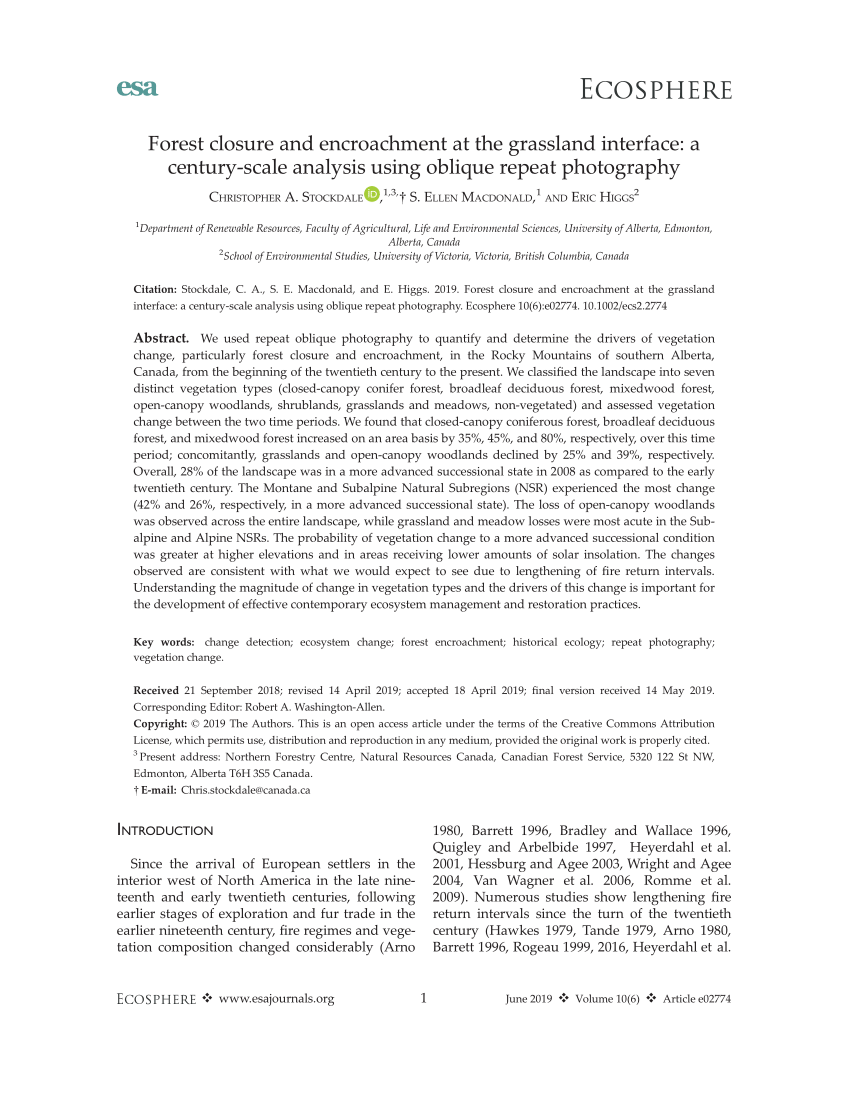 Pdf Forest Closure And Encroachment At The Grassland Interface A Century Scale Analysis Using Oblique Repeat Photography