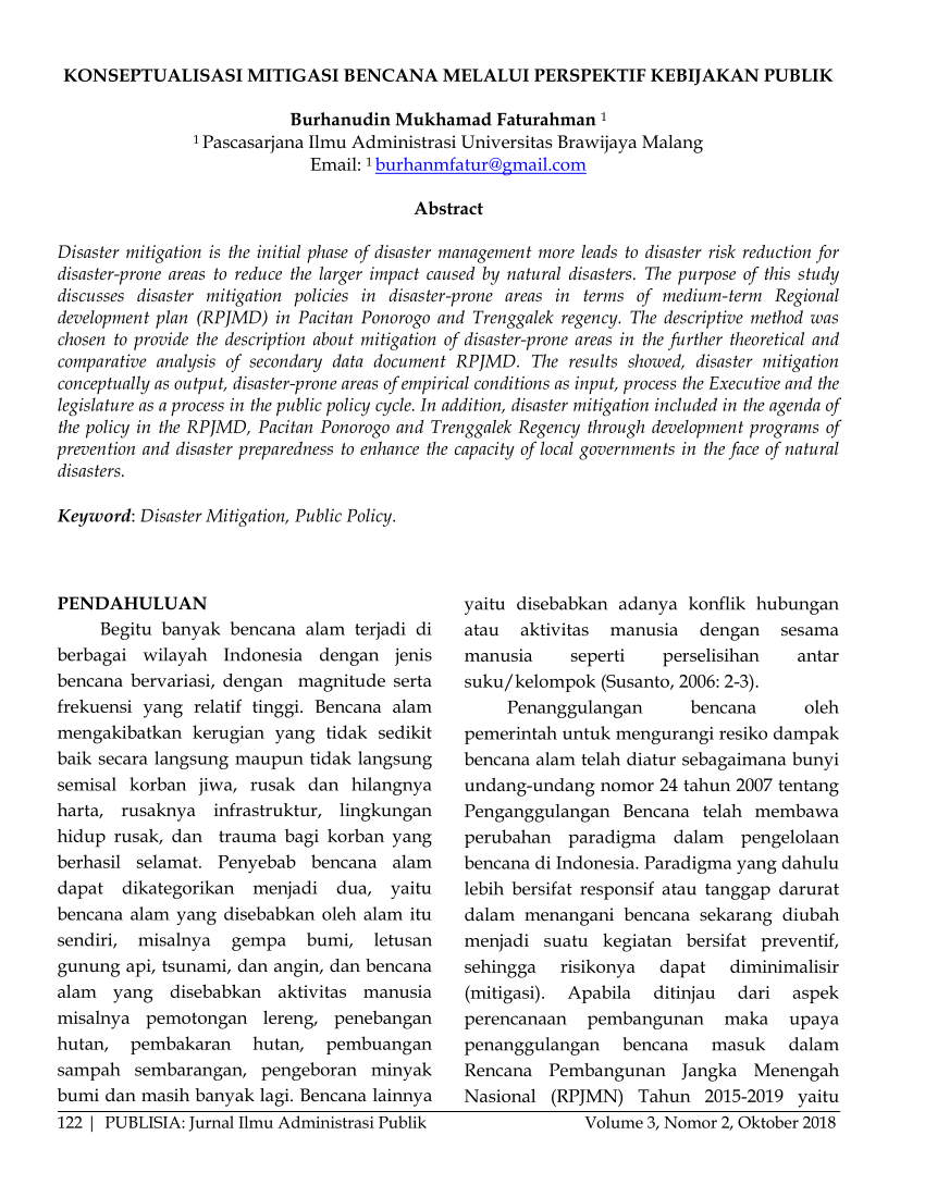 Pdf Konseptualisasi Mitigasi Bencana Melalui Perspektif Kebijakan Publik