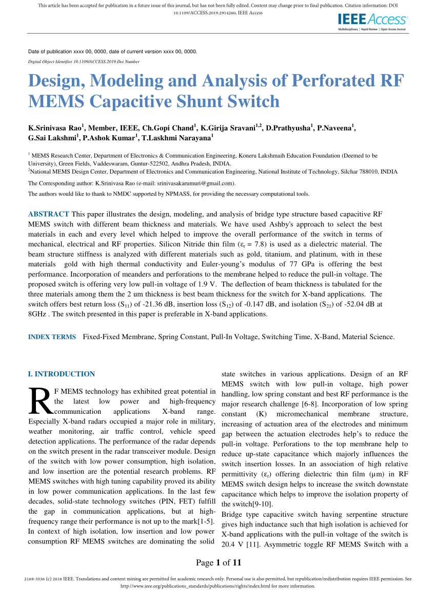 Pdf Design Modeling And Analysis Of Perforated Rf Mems Capacitive Shunt Switch