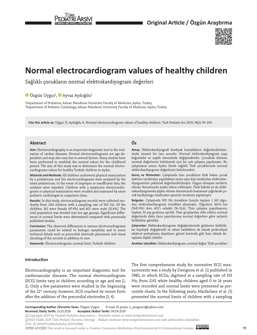 Pdf Normal Electrocardiogram Values Of Healthy Turkish Children