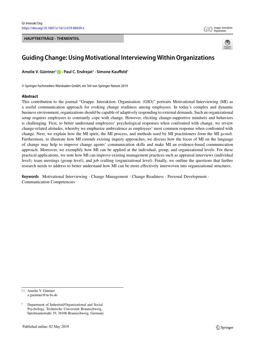 Pdf Guiding Change Using Motivational Interviewing Within Organizations