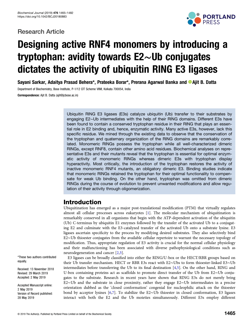 Pdf Designing Active Rnf4 Monomers By Introducing A Tryptophan