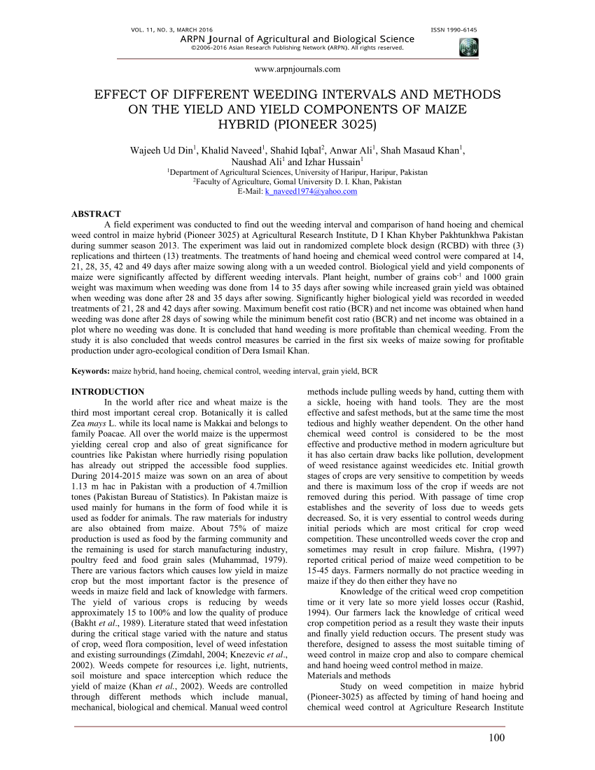 Pdf Arpn Journal Of Agricultural And Biological Science Effect Of Different Weeding Intervals And Methods On The Yield And Yield Components Of Maize Hybrid Pioneer 3025