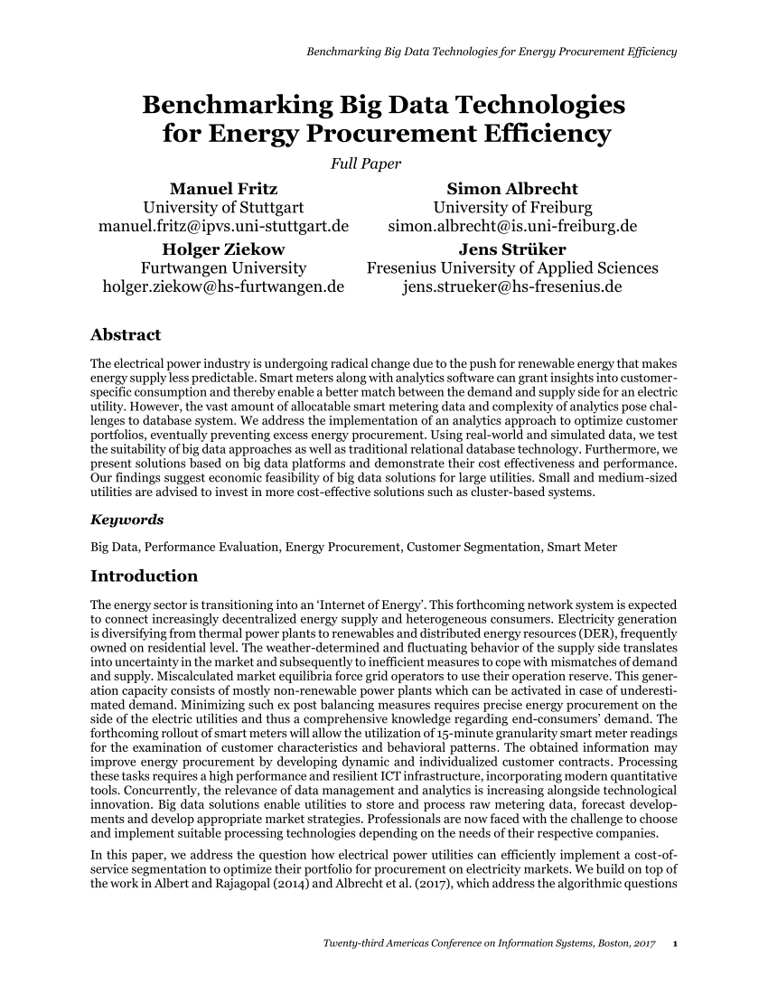 Pdf Benchmarking Big Data Technologies For Energy Procurement Efficiency