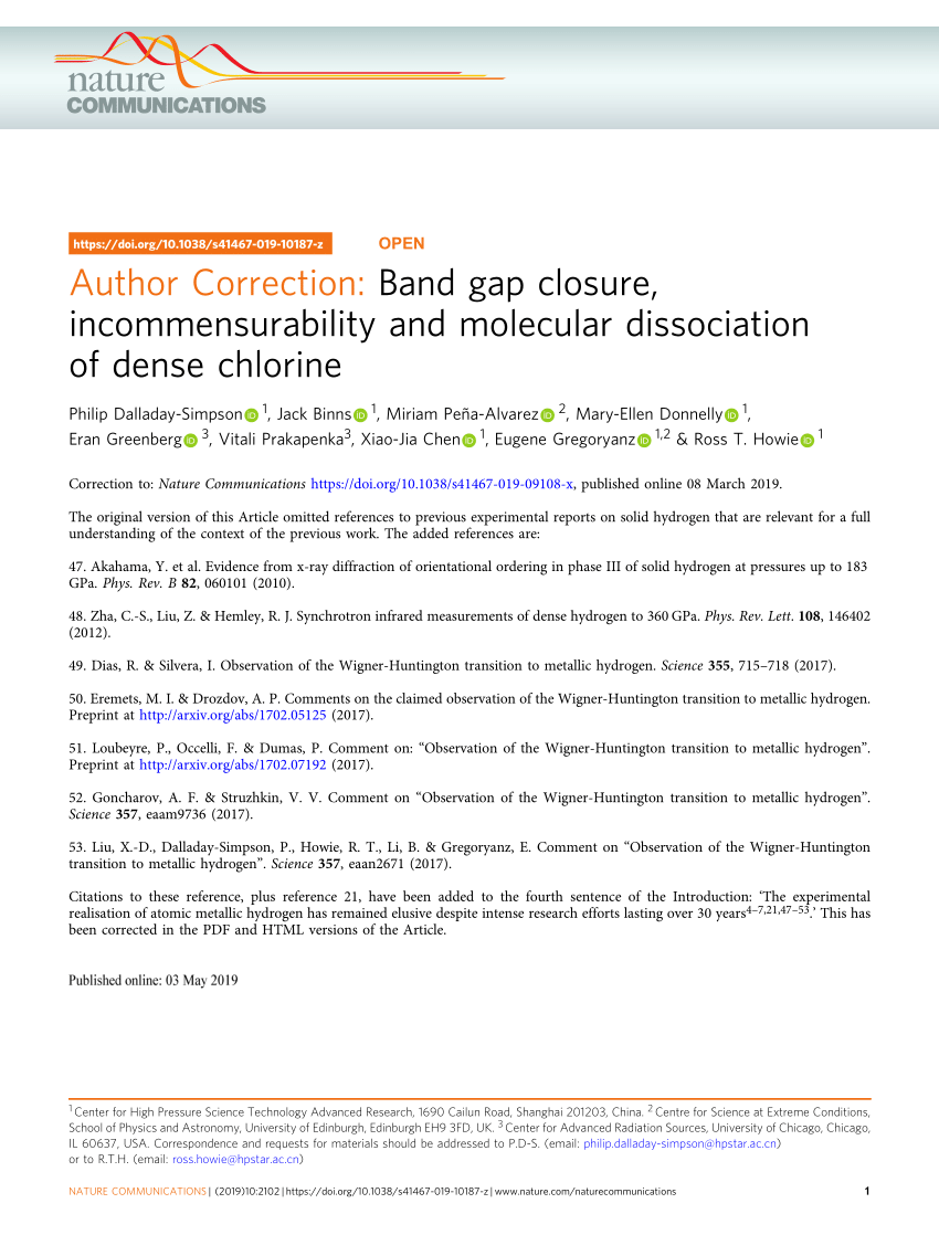 PDF) Author Correction: Band gap closure, incommensurability and molecular  dissociation of dense chlorine
