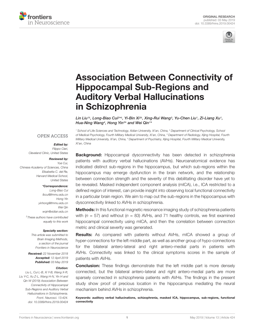 Pdf Association Between Connectivity Of Hippocampal Sub Regions And Auditory Verbal Hallucinations In Schizophreniadata Sheet 1 Docx