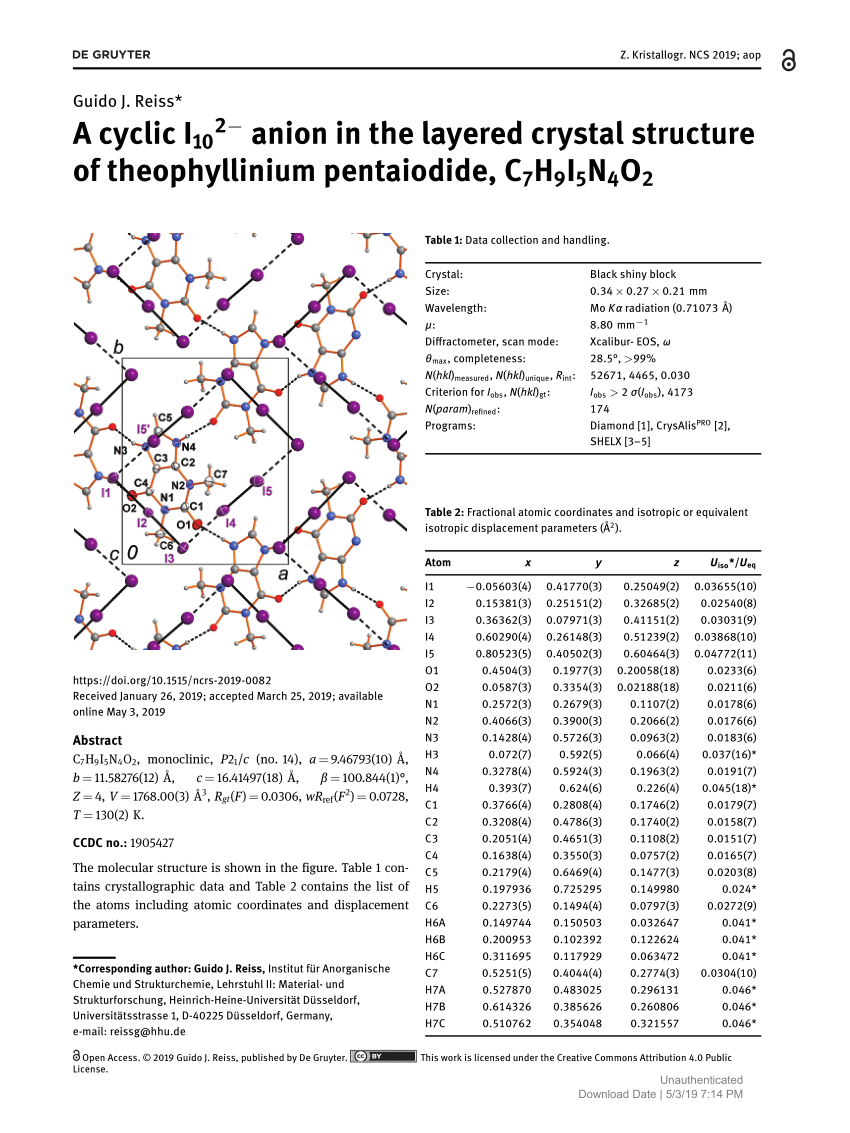 Pdf A Cyclic I102 Anion In The Layered Crystal Structure Of Theophyllinium Pentaiodide C7h9i5n4o2