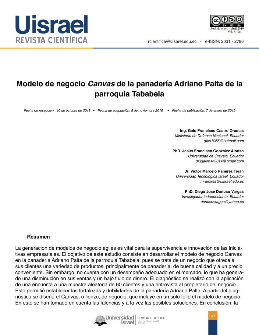 PDF) Modelo de negocio Canvas de la panadería Adriano Palta de la parroquia  Tababela