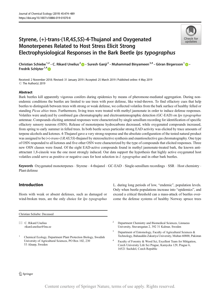 Pdf Styrene Trans 1r 4s 5s 4 Thujanol And Oxygenated Monoterpenes Related To Host Stress Elicit Strong Electrophysiological Responses In The Bark Beetle Ips Typographus