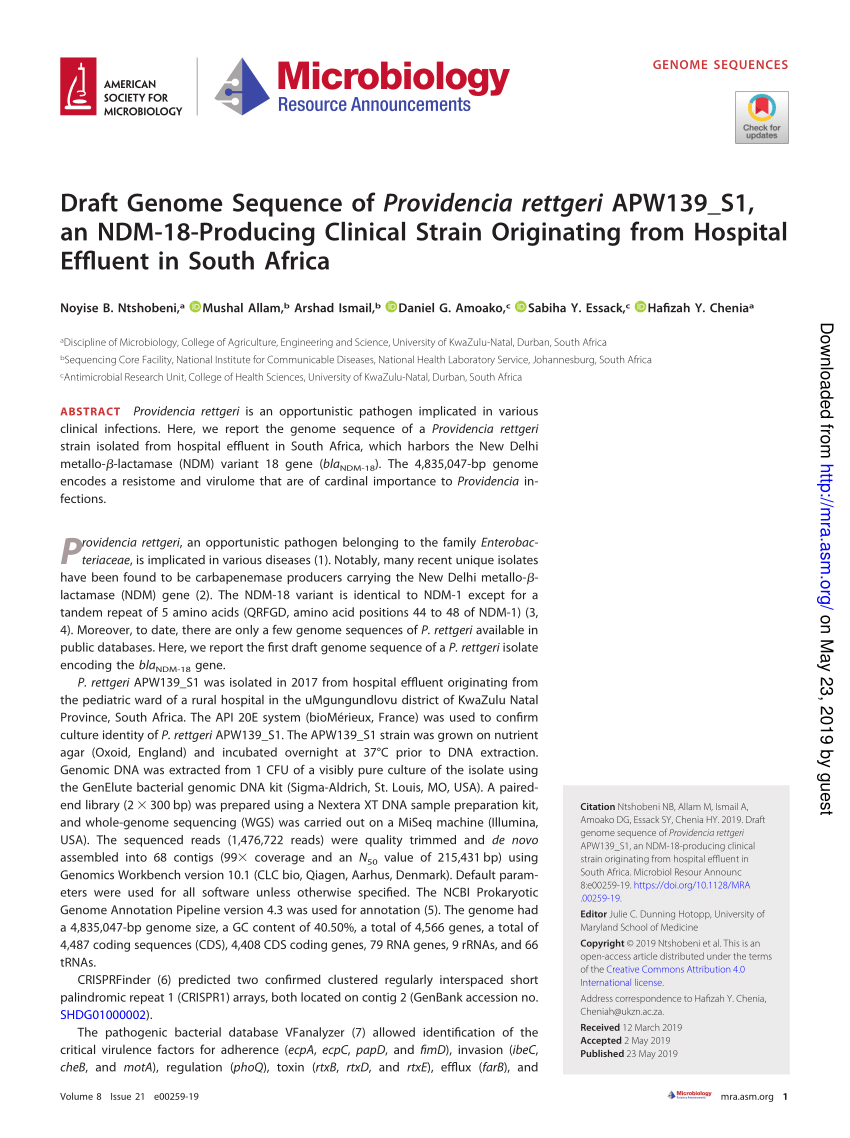 (PDF) Draft Genome Sequence of Providencia rettgeri APW139_S1, an NDM