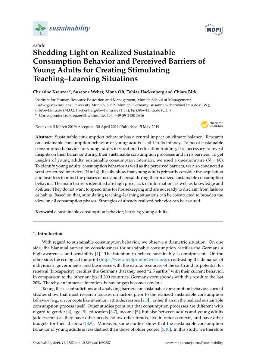 Pdf Shedding Light On Realized Sustainable Consumption Behavior And Perceived Barriers Of Young Adults For Creating Stimulating Teaching Learning Situations
