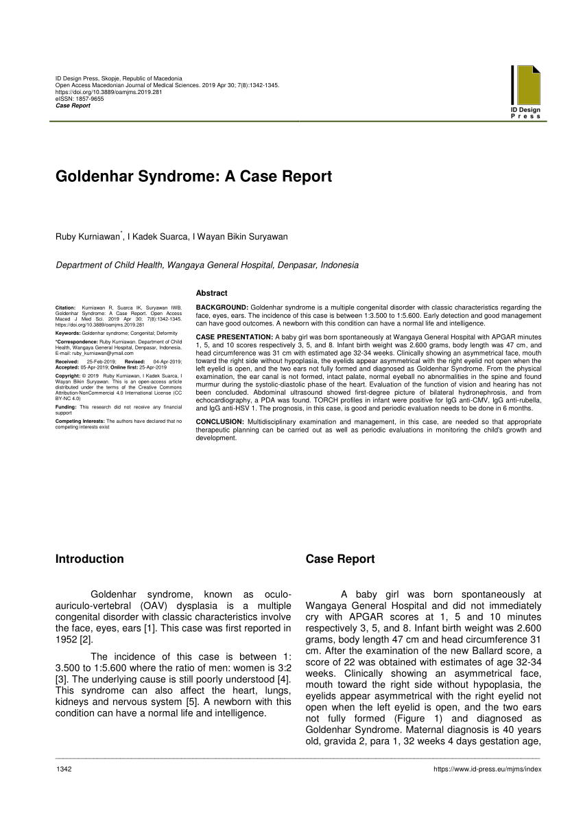 Pdf Goldenhar Syndrome A Case Report