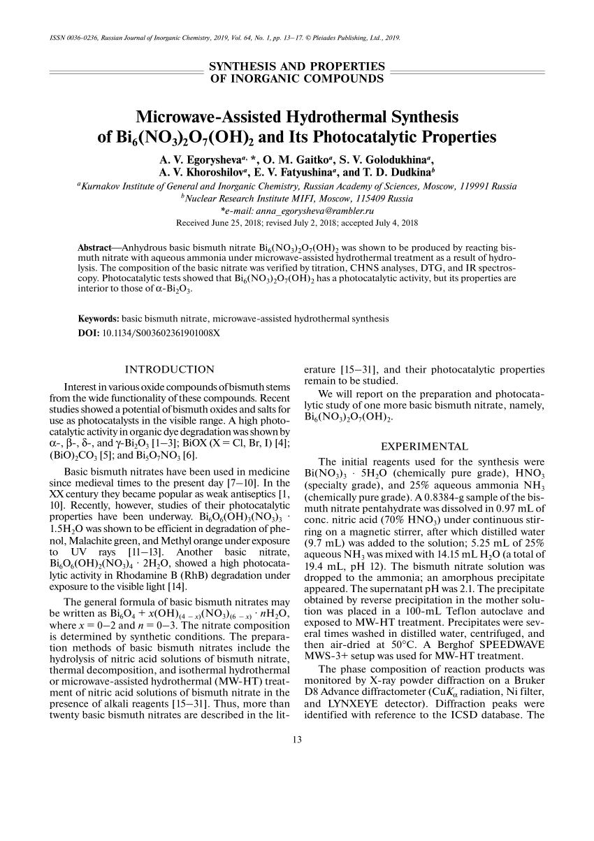 Pdf Microwave Assisted Hydrothermal Synthesis Of Bi6 No3 2o7 Oh 2 And Its Photocatalytic Properties