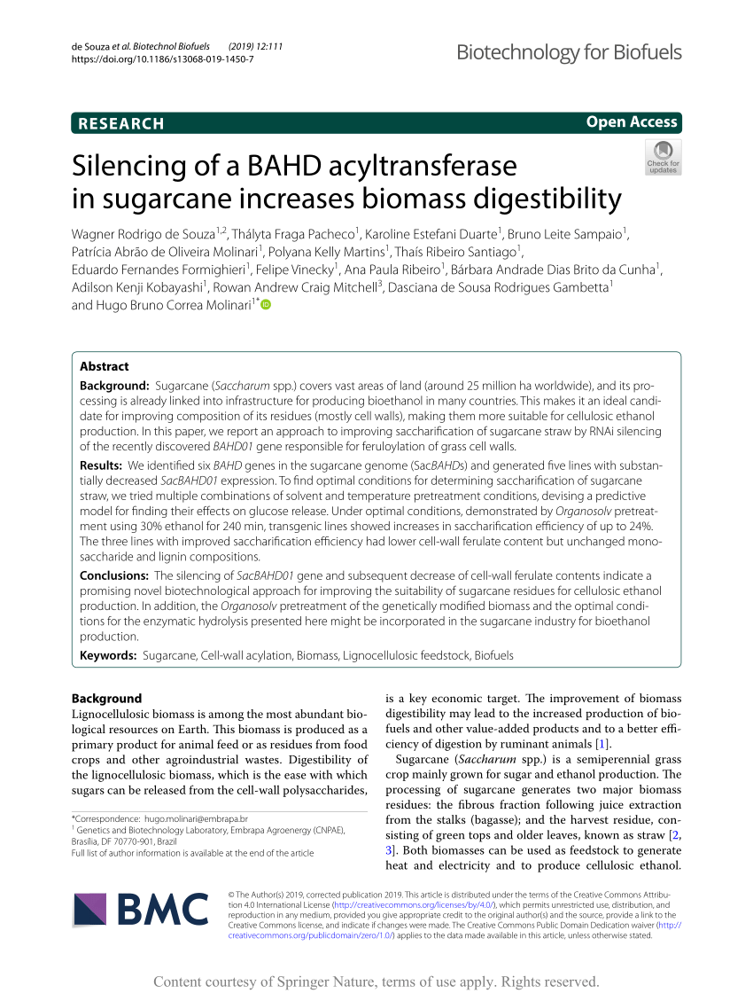PDF) Silencing of a BAHD acyltransferase in sugarcane increases ...