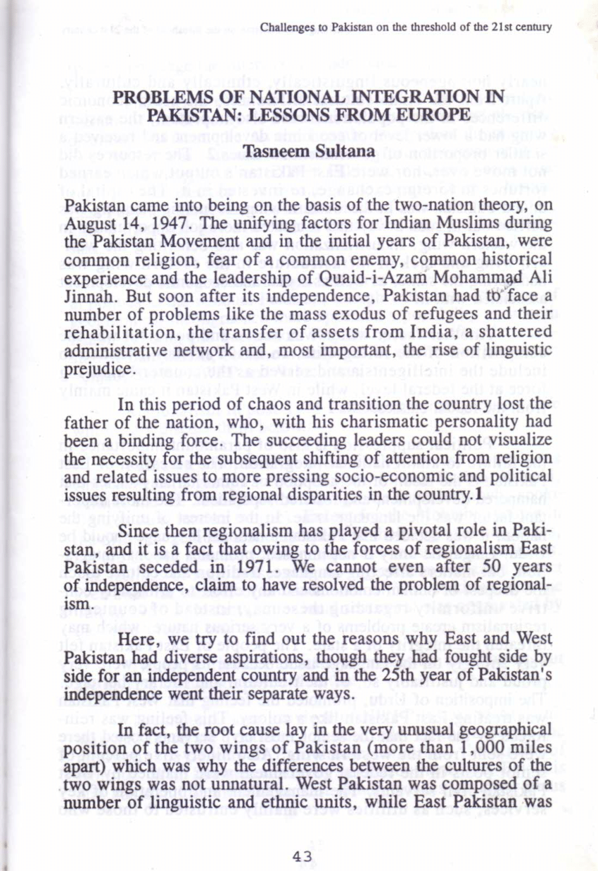 essay on national integration of pakistan