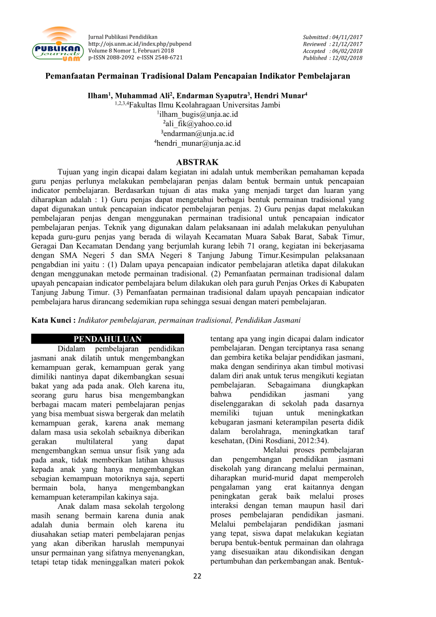 Pdf Pemanfaatan Permainan Tradisional Dalam Pencapaian Indikator Pembelajaran