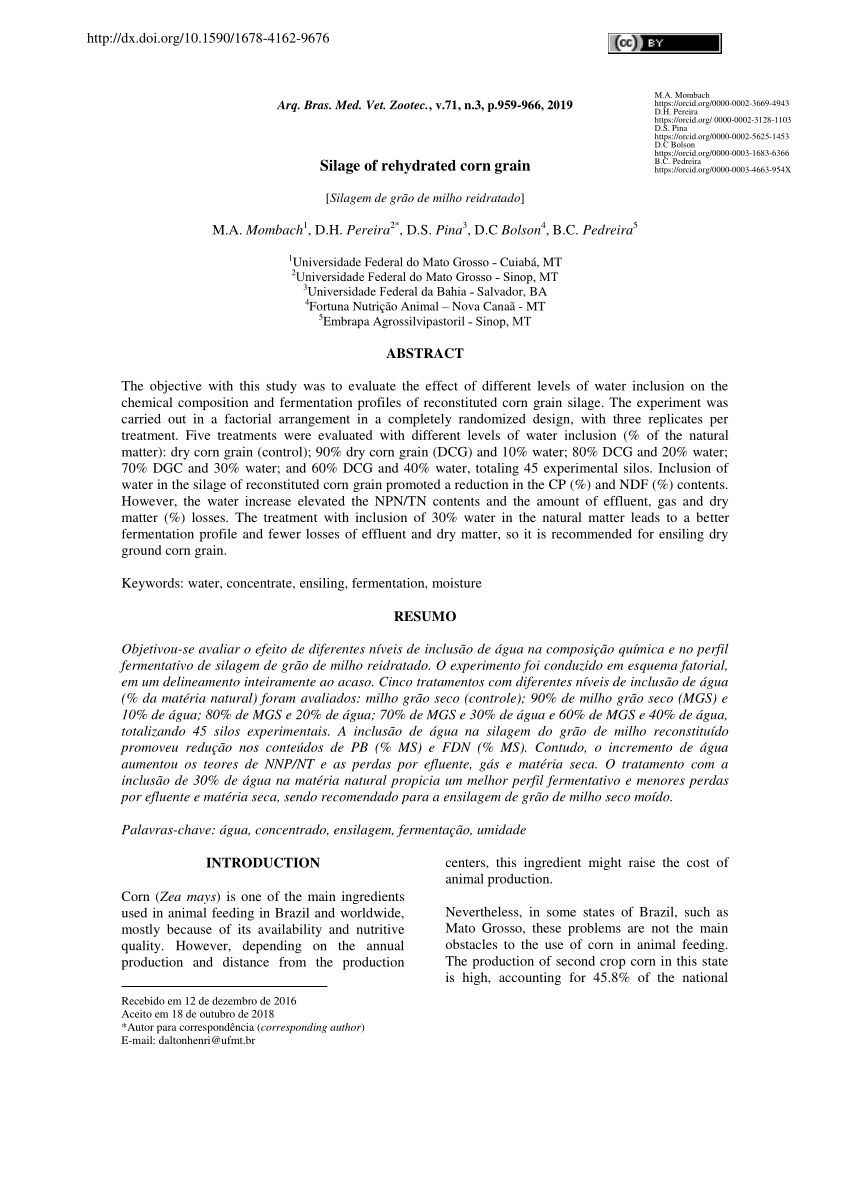 Pdf Silage Of Rehydrated Corn Grain Silagem De Grao De Milho Reidratado