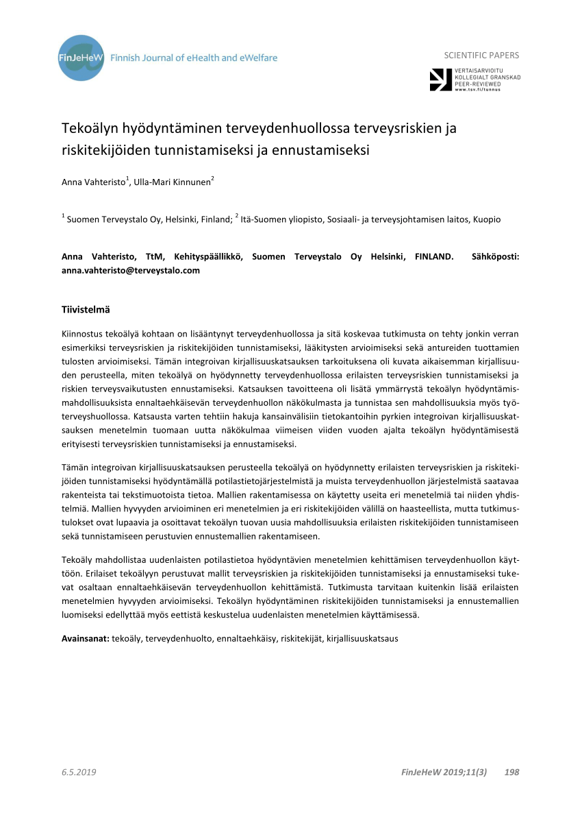 PDF) Tekoälyn hyödyntäminen terveydenhuollossa terveysriskien ja  riskitekijöiden tunnistamiseksi ja ennustamiseksi