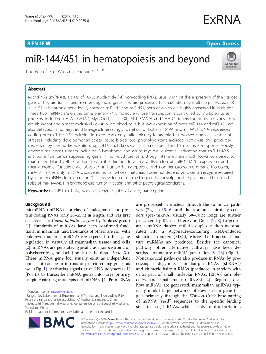 PDF) miR-144/451 in hematopoiesis and beyond