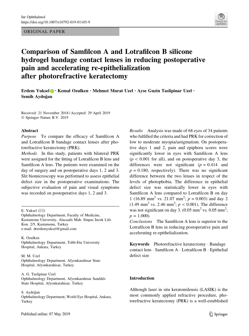 PDF Comparison of Samfilcon A and Lotrafilcon B silicone hydrogel  