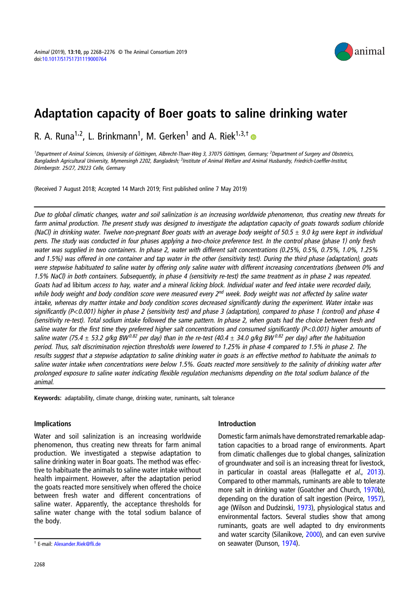 Pdf Adaptation Capacity Of Boer Goats To Saline Drinking Water