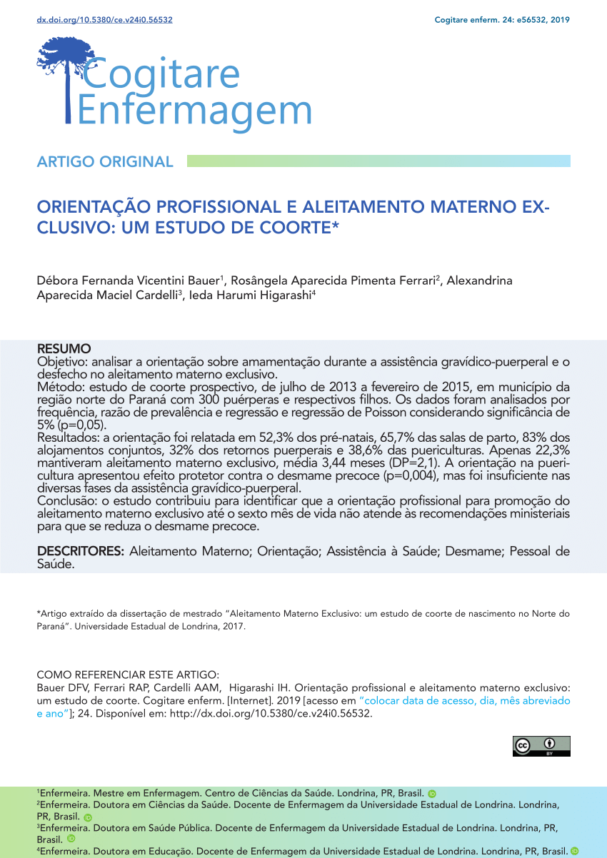 PDF) ORIENTAÇÃO PROFISSIONAL E ALEITAMENTO MATERNO EXCLUSIVO: UM ESTUDO DE  COORTE
