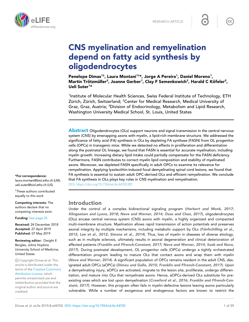 PDF) CNS myelination and remyelination depend on fatty acid ...