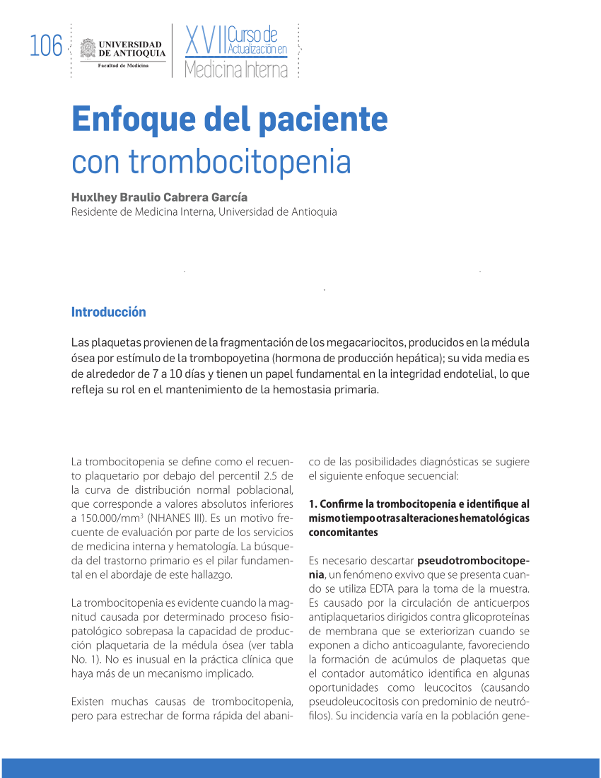 Pdf Enfoque Del Paciente Con Trombocitopenia