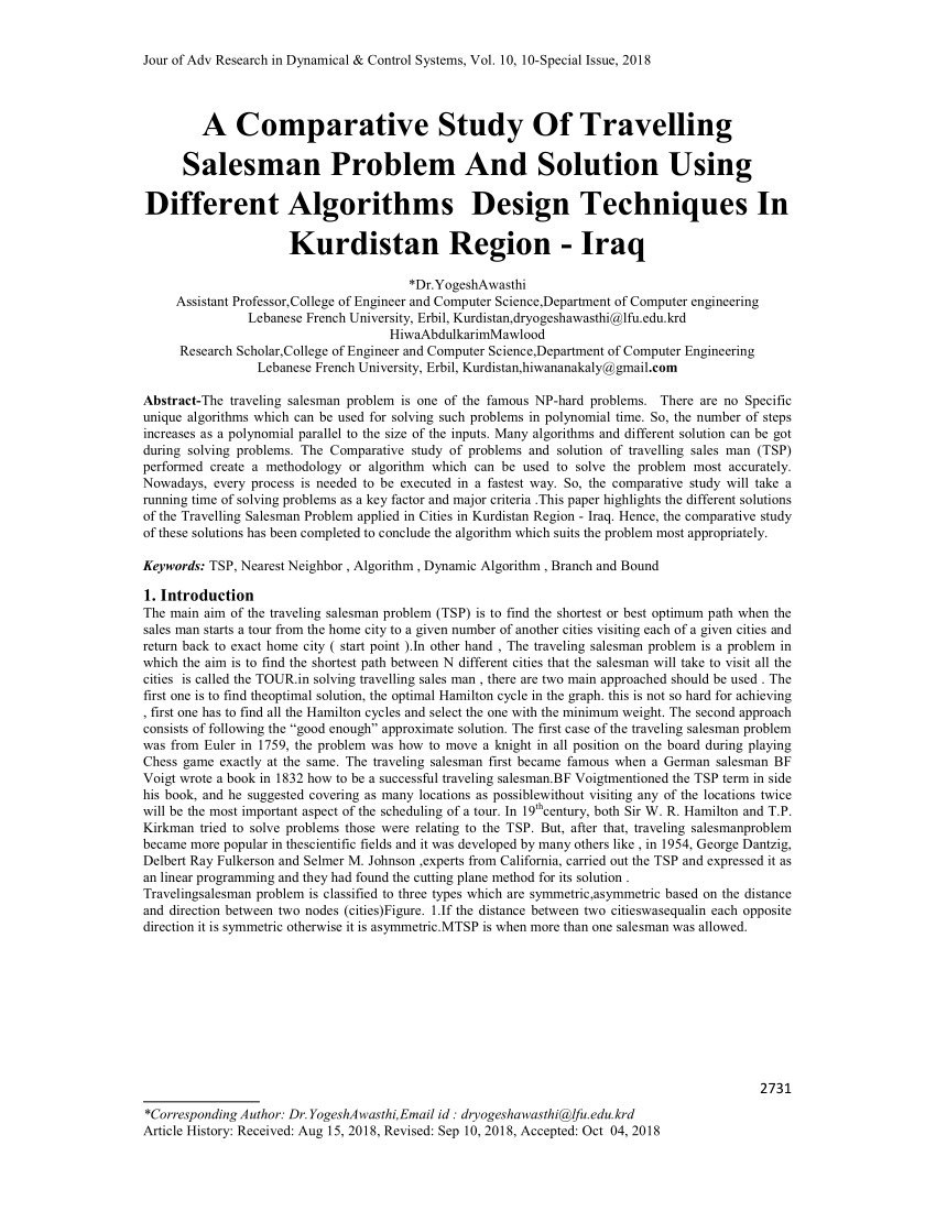 (PDF) A Comparative Study Of Travelling Salesman Problem And Solution