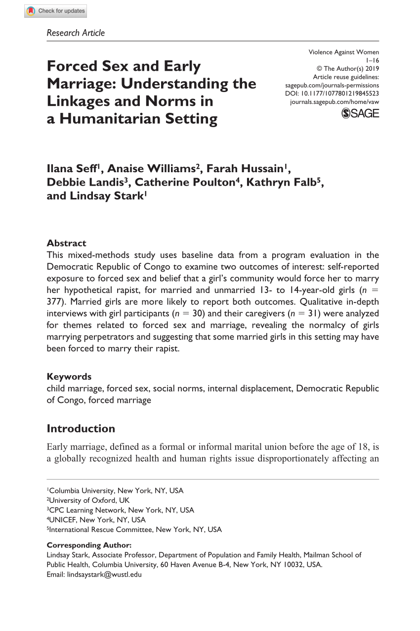 PDF) Forced Sex and Early Marriage: Understanding the Linkages and Norms in  a Humanitarian Setting