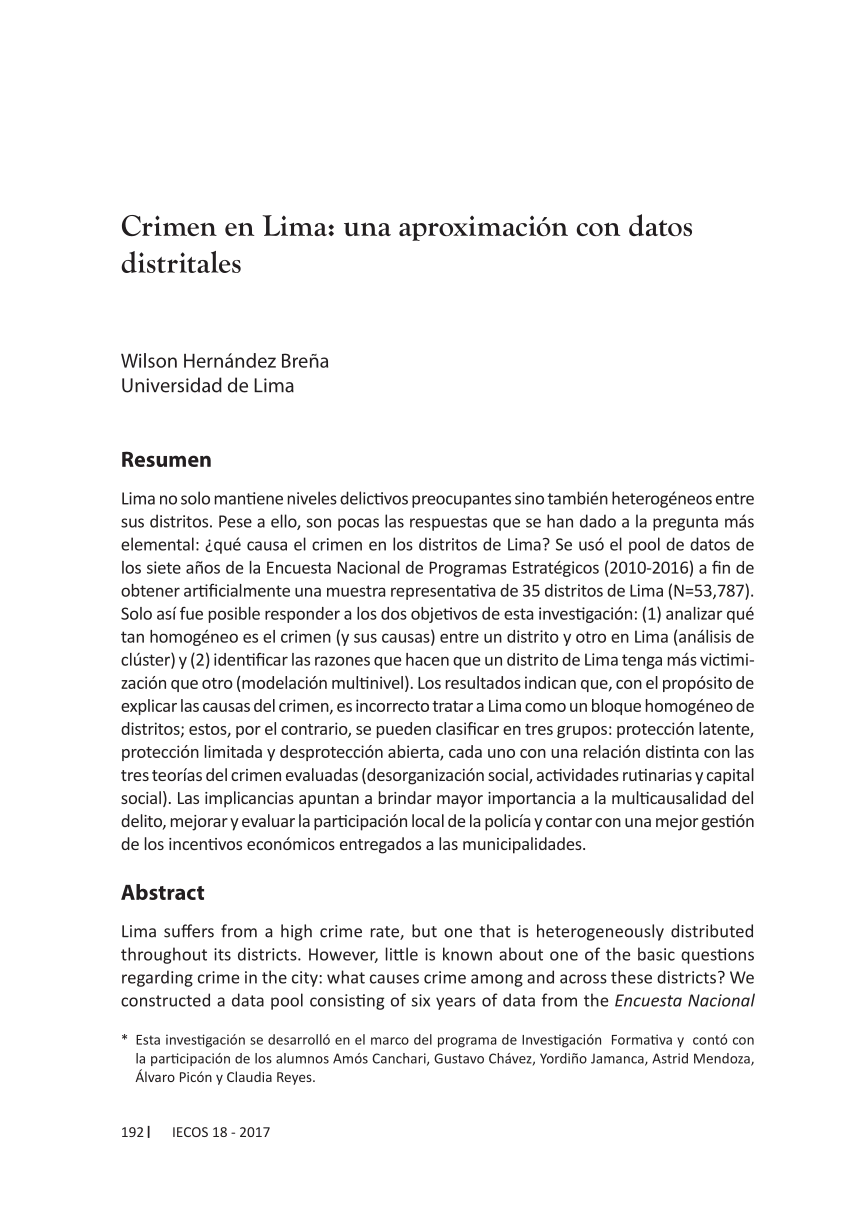 Pdf Crimen En Lima Una Aproximacion Con Datos Distritales