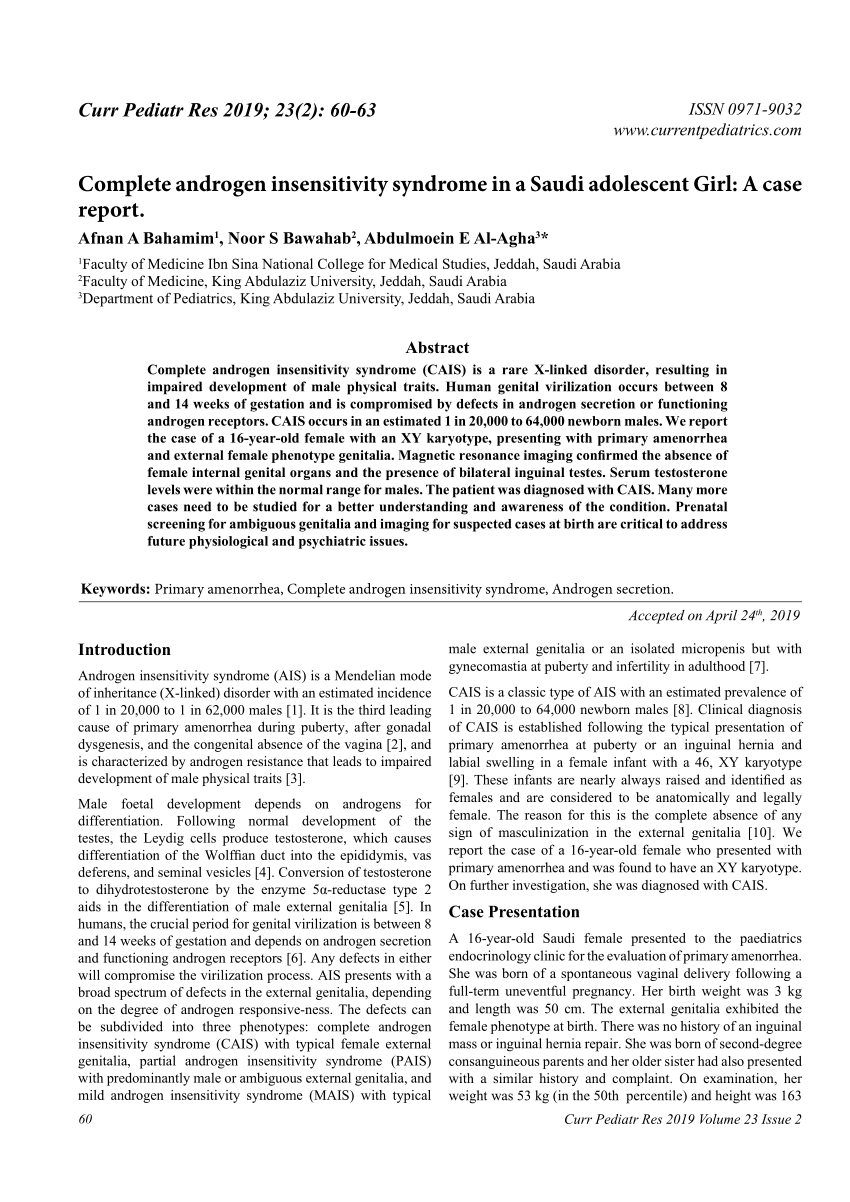 Pdf Complete Androgen Insensitivity Syndrome In A Saudi Adolescent Girl