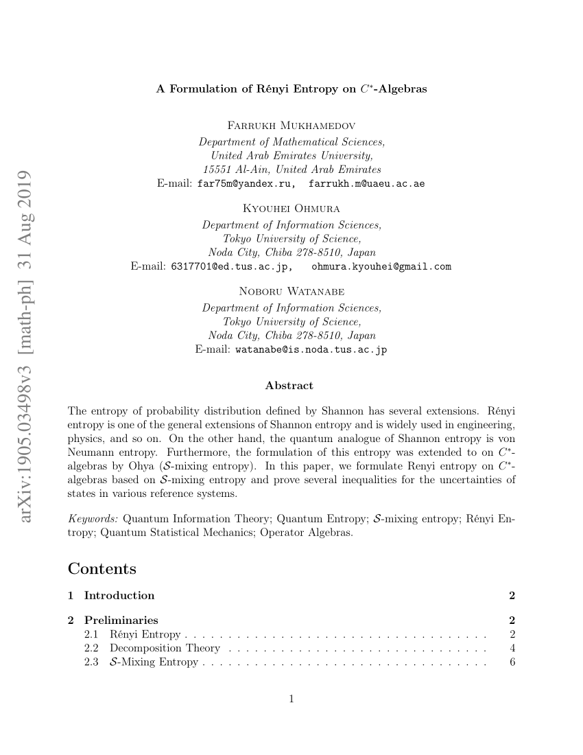 Pdf A Formulation Of R Enyi Entropy On C Algebras