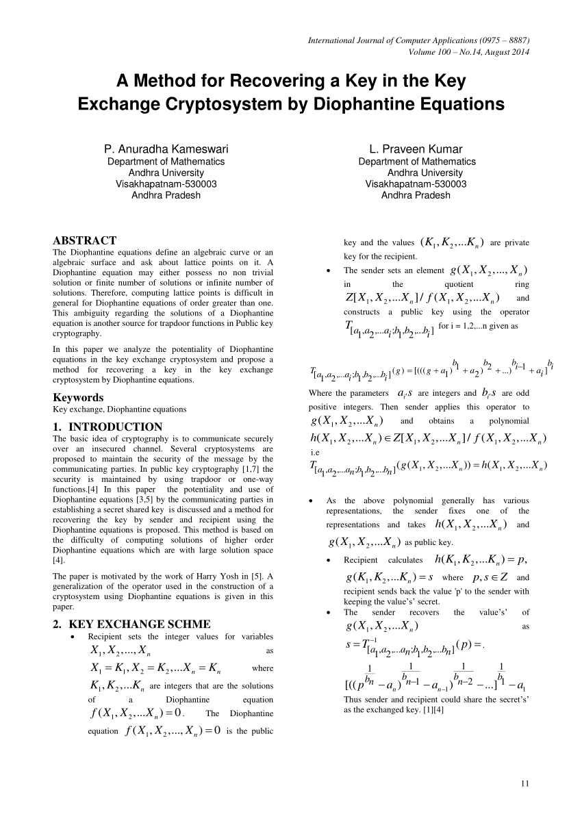 Pdf A Method For Recovering A Key In The Key Exchange Cryptosystem By Diophantine Equations