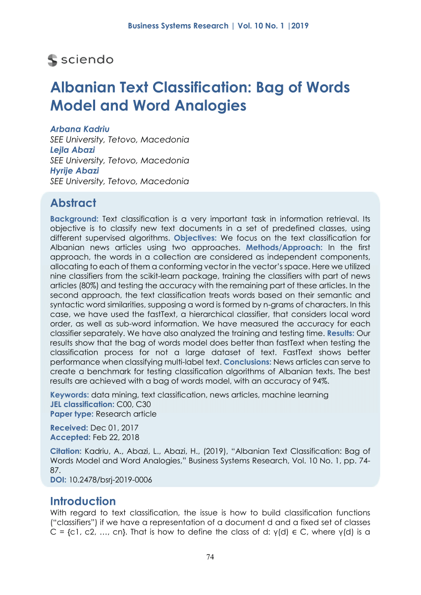 Text classification and prediction using the Bag Of Words approach