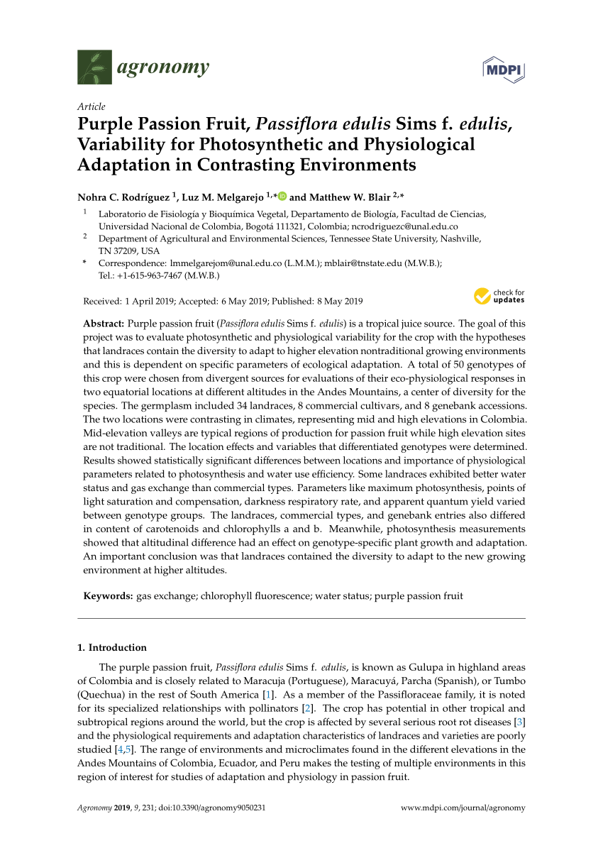Pdf Purple Passion Fruit Passiflora Edulis Sims F Edulis Variability For Photosynthetic And Physiological Adaptation In Contrasting Environments
